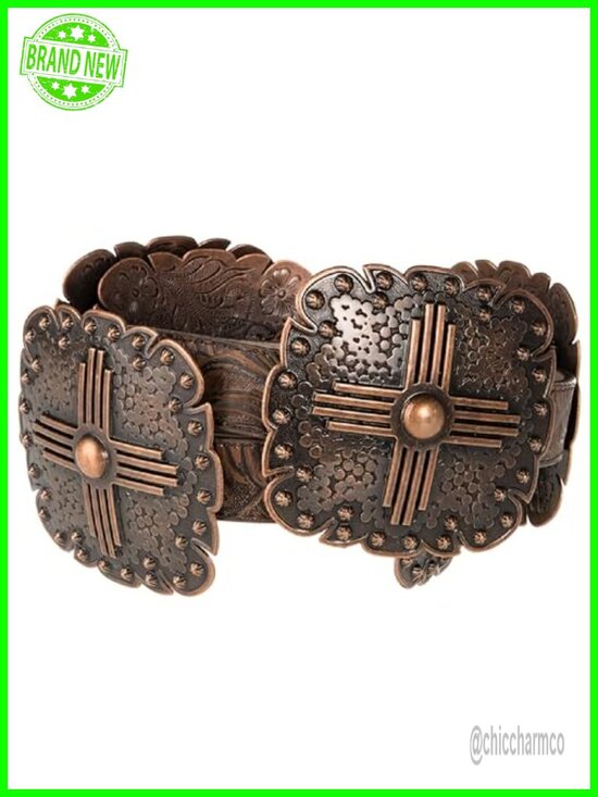 Floral Embossed Leather Western Belt with Square Conchos, Removable Buckle